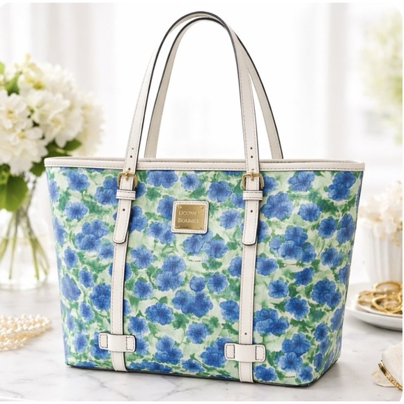 Dooney & Bourke Handbags - Dooney & Bourke Blue Floral Coated Canvas Tote Shoulder Bag White Trim